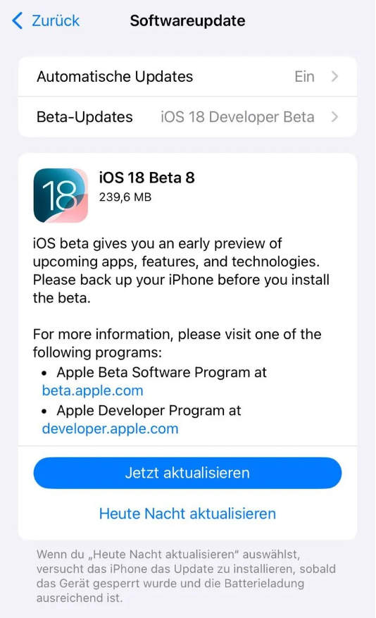 四更镇苹果手机维修分享苹果 iOS / iPadOS 18 开发者预览版 Beta 8 发布 